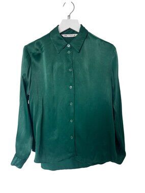 Zara Green Button-Up Long Sleeve Blouse Satin Feel
